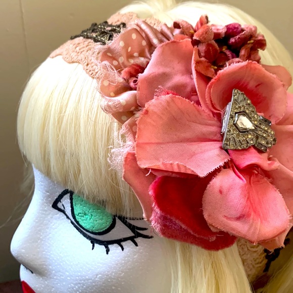 Handmade art deco - pink headband with antique flowers - Picture 1 of 7
